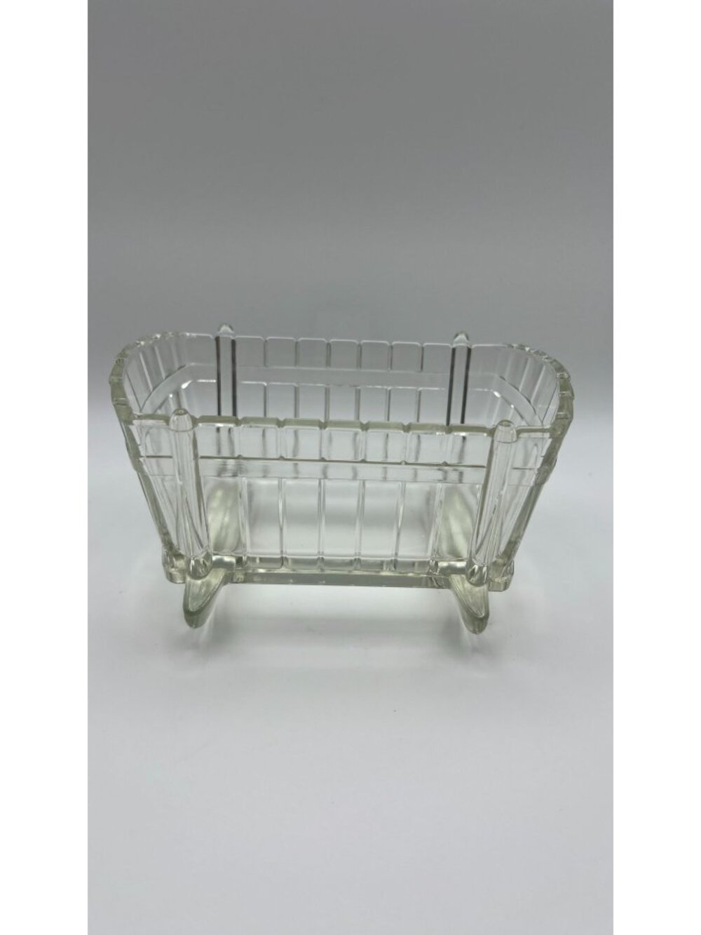 Vintage Glass Footed Rectangular Dish With Ribbed Design Clear Finish Decorative